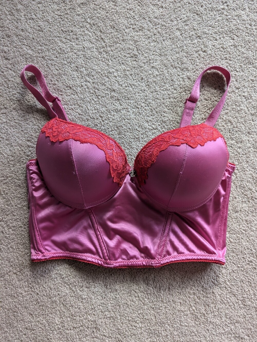 Juicy Couture Satin Padded Pink Longline Lace Trim Push-Up Bra